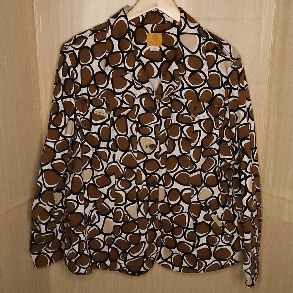 Ruby Red Plus Brown White Geometric Print Denim Jacket 22W